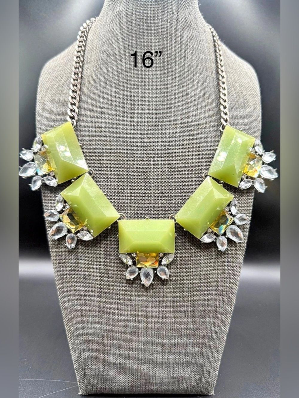 118. Chartreuse Green & Rhinestone Cluster Bib Statement Necklace